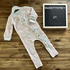 SweetHoney Dreamer Pajama Layette Pink Green Bunny Frolic Long Sleeve Ruffle 2T